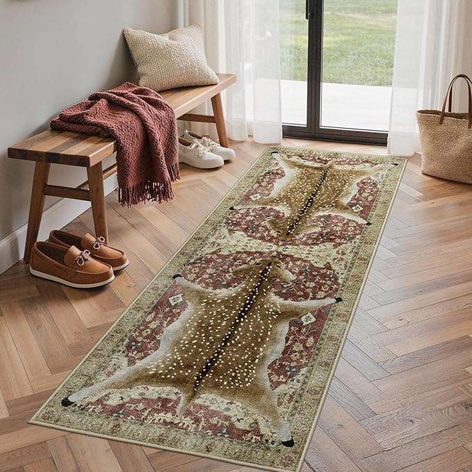 Bavni 2x6 Deer Rug, Machine Washable Soft Animal Print Runner Rug Non Slip Boho Low Pile Non-Shedding Hallway Print Carpet for Kitchen Entryway Nursery Bedroom, Red Yellow