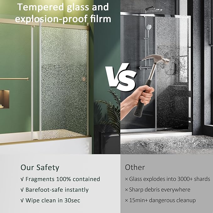 Bathtub Sliding Door 55"-60" W x 56" H Tub Shower Door, Frameless Bypass Bathtub Door Glass, Double Sliding Tempered Glass with Explosion-Proof Film Stainless Steel Gold