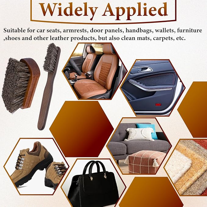 2 PCS Leather Brush Car Detailing, Horse Hair Brush, Car Cleaning Supplies, Car Interior Brush, Carpet Brush for Car Detailing, for Car Interior Seat, Carpet, Upholstery, Furniture and Shoes