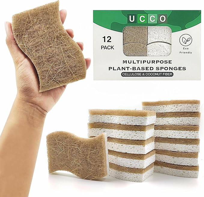 UCCO Eco Friendly Biodegradable Kitchen Sponges 12 Pack – Natural Compostable Cellulose with Coconut Scrubber – Sustainable Zero Waste Dish Sponges Set