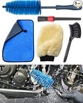 Motorcycle Cleaning Brush Kit, Easy Reach Brush, Wool Wash Mitt, Stiff Tire Brush, Detailing Brush& Microfiber Towel for Motorcycle Mudguard, Rims, Paint, Exhaust
