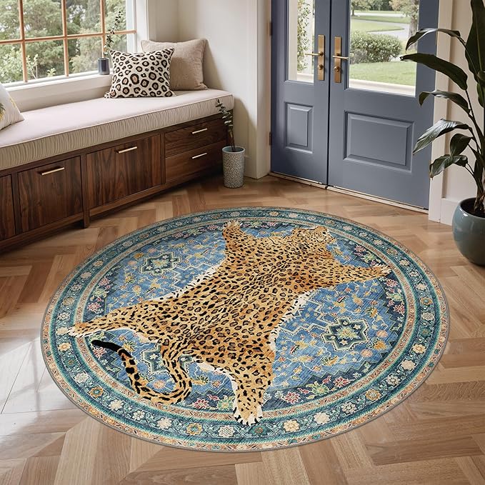 Bavni 4FT Leopard Round Rug, Machine Washable Cheetah Animal Print Low Pile Boho Circle Woodland Jungle Carpet, Non-Slip Non-Shedding Rug for Living Room Playroom Nursery Bedroom Entryway, Blue
