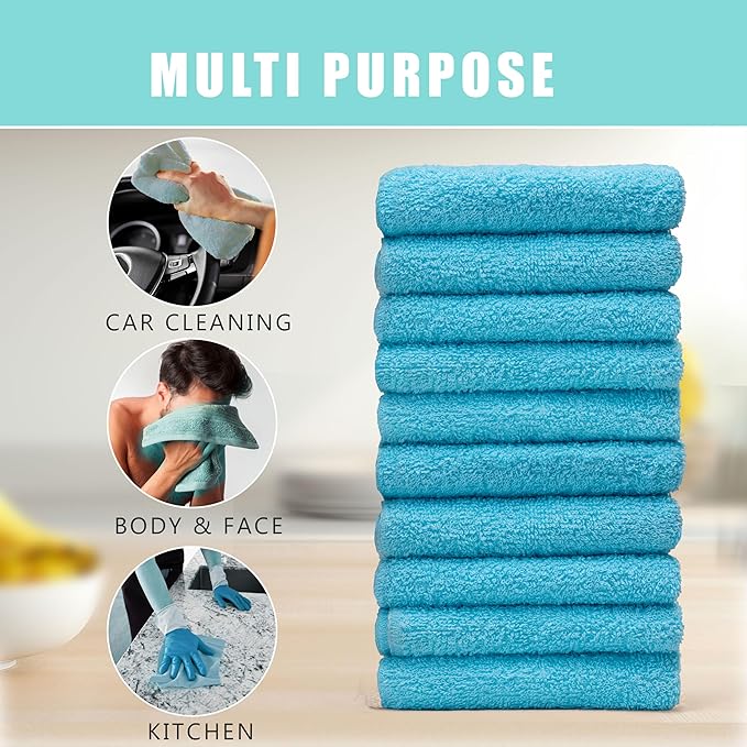 Textila Terry Wash Cloths – Pack of 10, Aqua Blue, 12x12 Inches – Soft, Absorbent & Multipurpose Cotton Washcloths for Face, Hand, Bath, Kitchen, Spa, Gym & Hotel Use