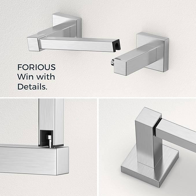 FORIOUS Toilet Paper Holder and Hand Towel Ring Set, SUS 304 Stainless Steel Double Post Pivoting Tissue Roll Holder Wall Mount, Modern Bathroom Hardware Accessories Set, Brushed Nickel