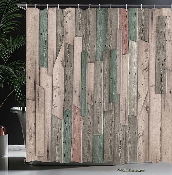 Ambesonne Rustic Shower Curtain, Grunge Wood Planks Cottagecore Door Country Farm House Art, Cloth Fabric Log Cabin Decor Set with 12 Hooks for Master Bathtoom and Guestroom, 69" W x 70" L, Jade Green