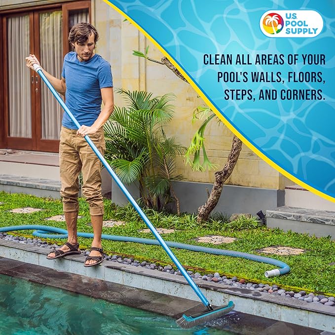 U.S. Pool Supply Pool Brush Head for Inground Pools - 17.7" Swimming Pool Brush with Pole Handle, Bristle Scrub Brushes with Curved Ends, Above Ground Cleaning Equipment Scrubber Cleaner Leaves Debris