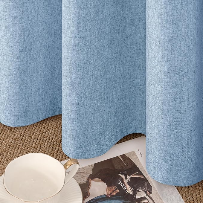 YoungsTex Light Blue Linen 100% Blackout Curtains 40 Inch Length, Short Thermal Insulated Drapes with Grommet Privacy Ocean Decor for Bathroom Bedroom Window, 2 Panels, 42 X 40 Inch