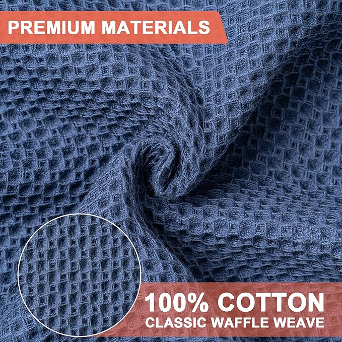 BOOMIBOO 4-Pack Dish Towels, 100% Cotton Waffle Weave, Ultra Soft Absorbent, Navy Blue, 13x28 Inches