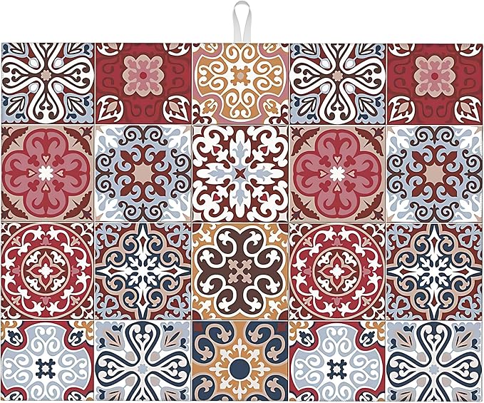 Retro Bohemian Dish Drying Mat 18x24 inches Microfiber Absorbent Fast Dry Mat for Kitchen Counter Coffee Bar Artistic Boho Grid Large Drying Mat Kitchen Decor Gifts (Boho, 18x24 inches)