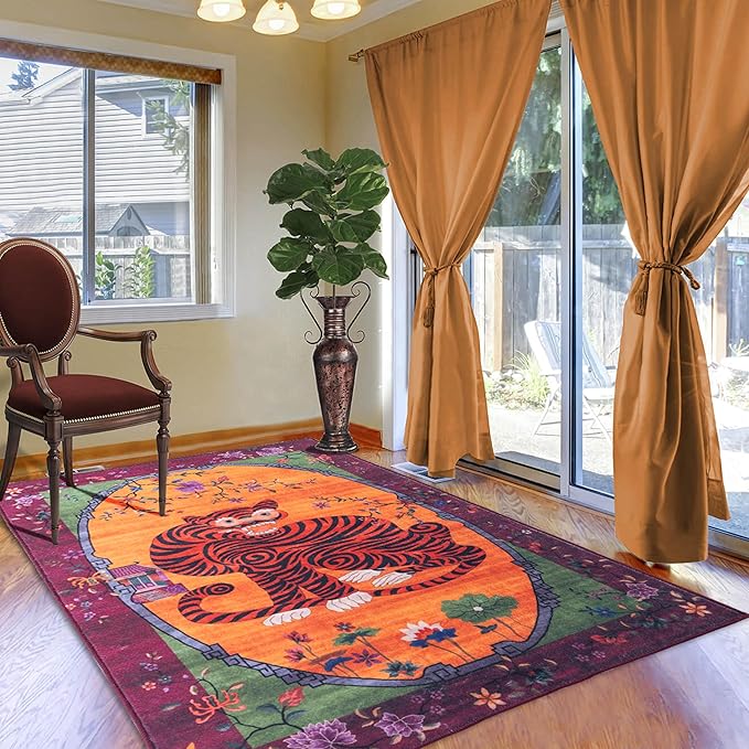 Vintage Tiger Rug Washable 5X7 Oriental Traditional Animal Print Fuchsia Floral Tibetan Rugs for Bedroom Kitchen Living Room Indoor Entryway Carpet Thin Rug