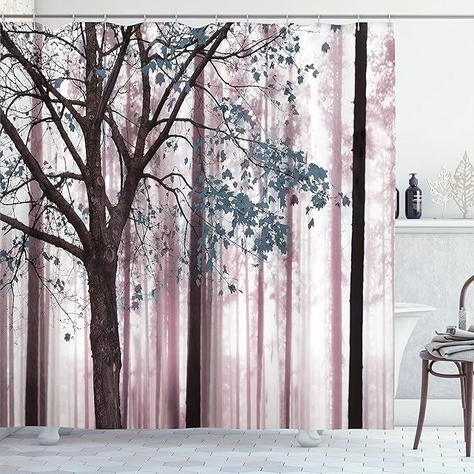 Ambesonne Autumn Shower Curtain, Picture of a Lonely Tree Leaves on an Abstract Woodland Background Print, Cloth Fabric Bathroom Decor Set with Hooks, 69" W x 75" L, Grey Pink