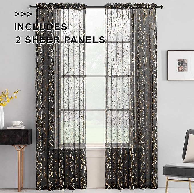 FINECITY Black Gold Sheer Curtains for Bedroom - Metallic Gold Foil Tree Branch Black Sheer Curtains 63 Inch Length Black and Gold Window Curtain Panel Set of 2, 52 x 63 Inch, Black Gold
