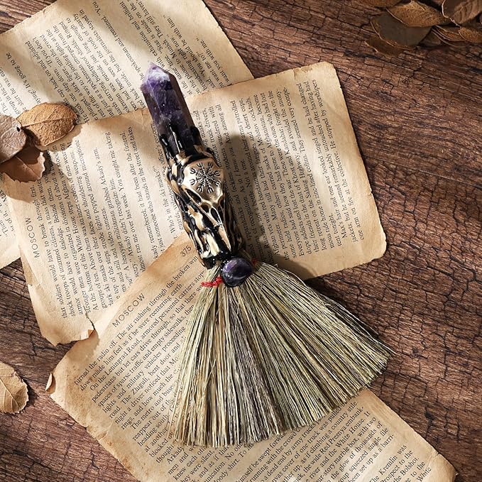 Witchcraft Supplies Witches Broom - Wiccan Decor Raven Altar Supplies with Purple Lepidolite Natural Healing Crystals Hexagonal Points Pagan Decor Reiki Energy Clearing Crafts