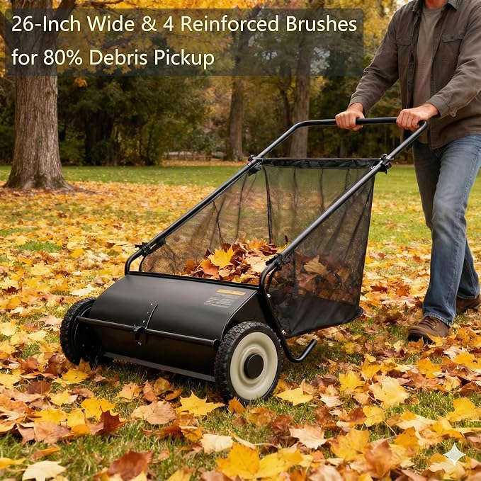 Lawn Push Sweeper, 26" Sweeping Width Floor Sweeper, 7 Cu. Ft. Hopper Capacity, 4 Spinning Brushes, Angle & Height Adjustable Folding Handle for for Leaves and Grass, Yard, Garage, Patio (26“)