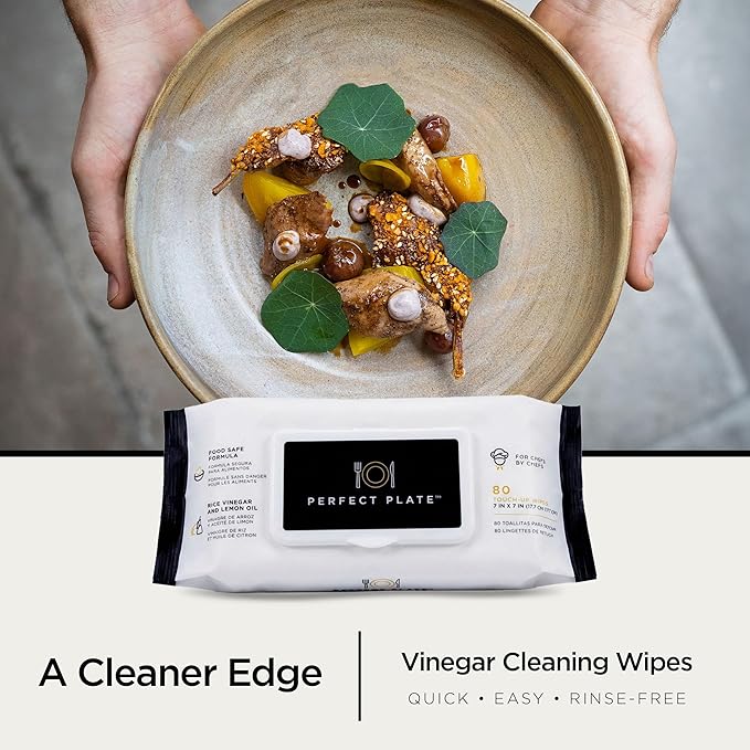 Perfect Plate Rice Vinegar Cleaning Wipes - Food-Safe, No Rinse, Alcohol-Free - Pre-Moistened Dish Wipes for Plating & Serving, 80 Wipes (1 Pack)