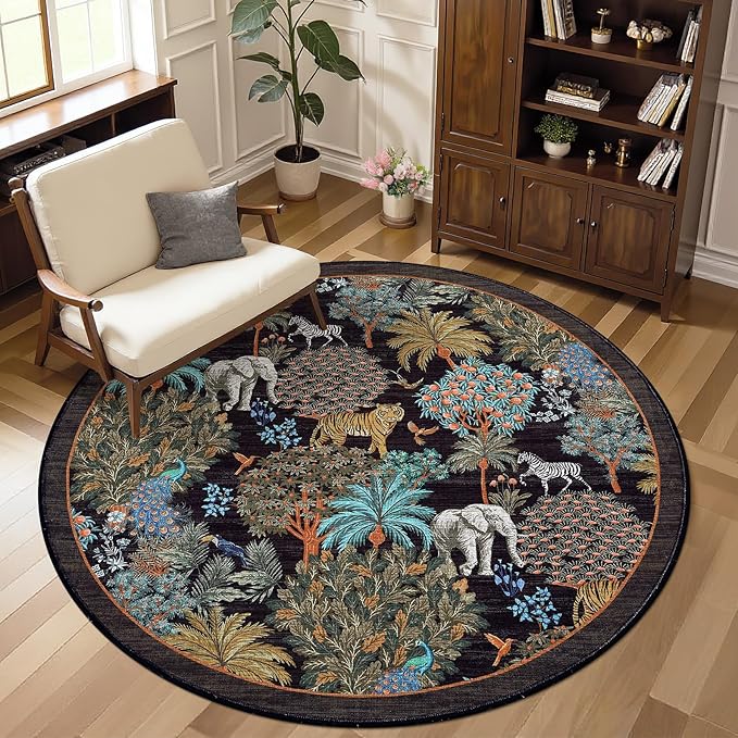 GarveeHome Jungle Round Washable Rugs 6ft Non-Slip Soft Round Rug for Kids Room, Forest Animal Print Tiger Circle Carpet for Bedroom Entryway Playroom Nursery, Black