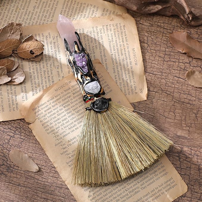 Rose Quartz Witch Broom - Witchcraft Supplies Mini Witches Broomstick with Amethyst Clusters Altar Supplies with Natural Healing Crystals Wiccan Supplies Prayers Meditation Therapy Decor