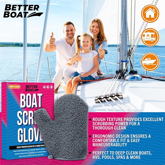 Boat Scrubbing Brush Glove, Heavy-Duty Deck and Hull Scrub Mitt for Floors, Aluminum, Pontoon, Marine and Fishing Boat Accessories
