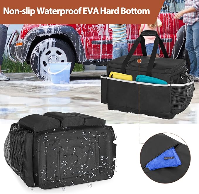 Extra-Large Detailing Bag with Waterproof EVA Hard Bottom, Auto Detail Supplies Organizer for Polisher, Bottles & Detailing Kit, Car Care Tools Tote with Lid & Shoulder Strap, Patent Design