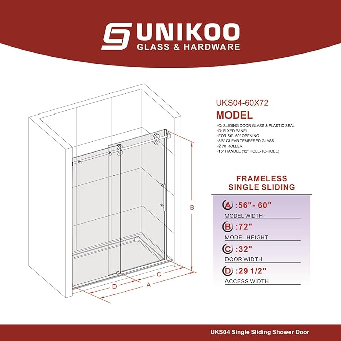 56-60 Inch x 72 Inch Sliding Frameless Shower Door, 3/8" Tempered Glass with Easy-Cleaning Coating, Stainless Steel Rollers & SGCC-Certified Stability, Bright Chrome