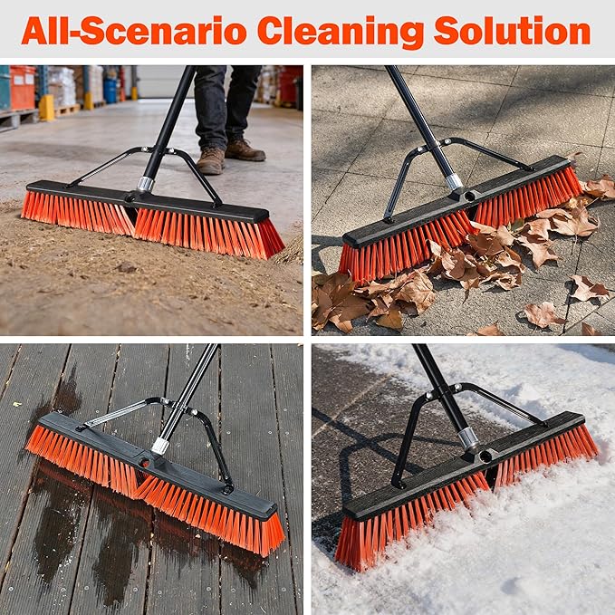 JEHONN 24” Wide Push Broom Outdoor Heavy Duty with 63 inches Long Handle, Stiff Bristle Commercial Industrial Brush for Garage Warehouse Shop Garden Patio Deck Yard Street (Red)