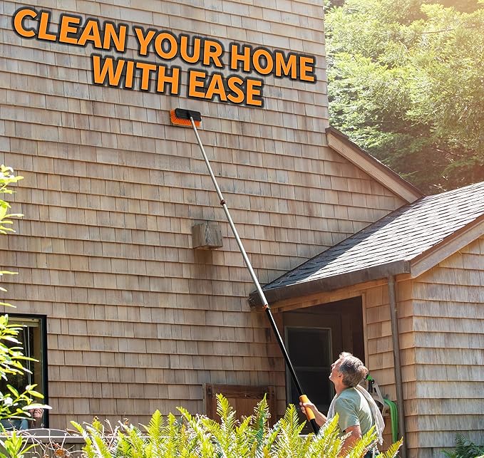 30-Foot Exterior House Cleaning Brush Set with 5-24 ft Extension Pole // Vinyl Siding Brushes with Telescopic Extendable Pole & Window Cleaning Squeegee Tool // the Ultimate Extension Scrub Brush Set