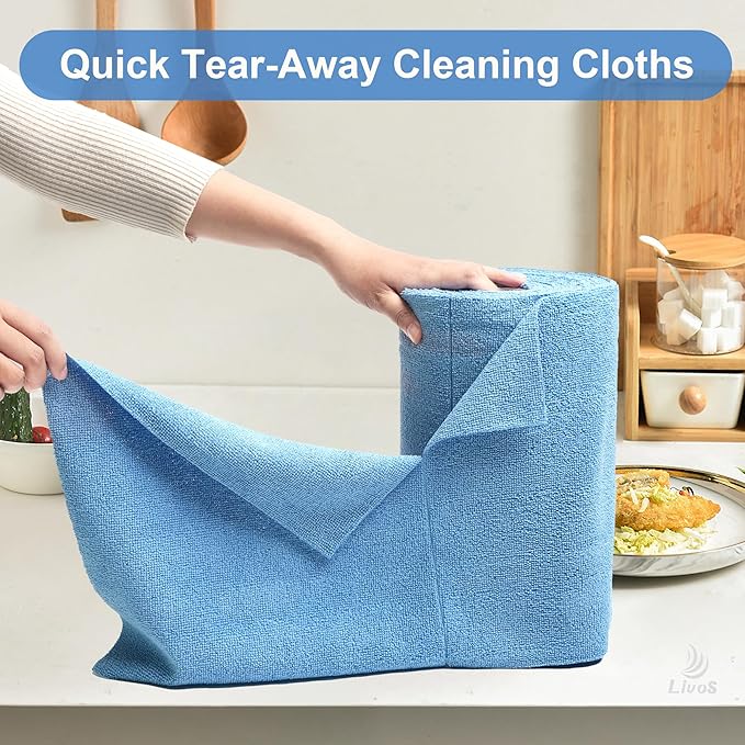 LIVOS Microfiber Cleaning Cloth Roll - 80 Pack, Reusable Paper Towels Blue Tear Away, Microfiber Towels for Cars, Super Absorbent Lint Free Cleaning Rags for House, Kitchen, Window-11.5"x11.5"