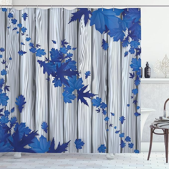 Ambesonne Autumn Shower Curtain, Fall Maple Leafs Tree Diagonal Leaves Foliage Rustic Wooden Planks Illustration, Cloth Fabric Bathroom Decor Set with Hooks, 69" W x 70" L, Cobalt Blue