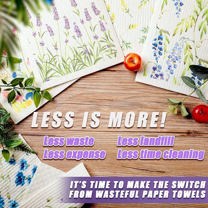 12 Pcs Swedish Kitchen Dish Towels Kitchen Cloths Reusable Sponge Cleaning Cloths Absorbent Dish Cloth Quick Drying Washable Cleaning Wipes No Odor Hand Towel (Wildflowers)