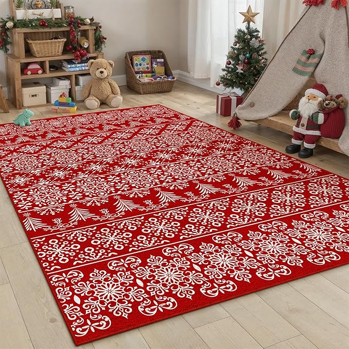 5x7 Area Rug Red Christmas Living Room Carpet Xmas Holiday Decor Bedroom Carpet Snowflake Washable Non Slip Kitchen Mat Indoor Decorative Throw Rug Entryway Dining Room Nursery Bathroom
