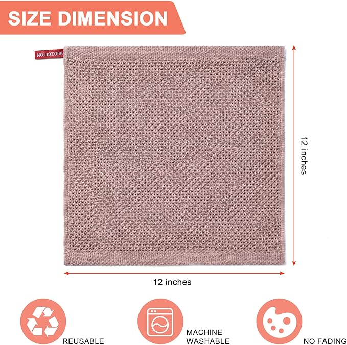 BOOMIBOO 6-Pack Kitchen Dish Cloths, 100% Cotton Waffle Weave, Ultra Soft Absorbent, Quick Drying Dish Towels, 12x12 Inches, Brown ﻿