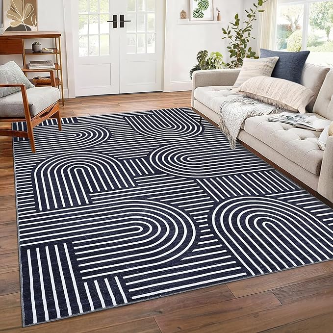 Washable Rug 8x10 Area Rugs for Living Room, Abstract Rug for Bedroom, Soft Rainbow Non Slip Throw Rugs with Rubber Back, Low Pile Stain Resistant Boho Geometric Carpet for Dining Room, Blue