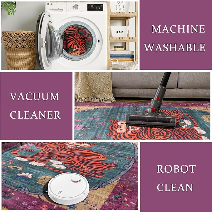 5X7 ft Tiger Rug Washable Oriental Traditional Animal Print Purple-Green Floral Tibetan Rugs for Bedroom Kitchen Living Room Indoor Entryway Carpet Thin Rug