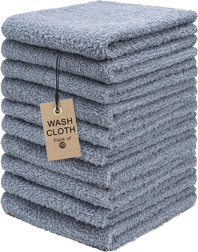 Textila Terry Wash Cloths – Pack of 10, Cool Grey, 12x12 Inches – Soft, Absorbent & Multipurpose Cotton Washcloths for Face, Hand, Bath, Kitchen, Spa, Gym & Hotel Use