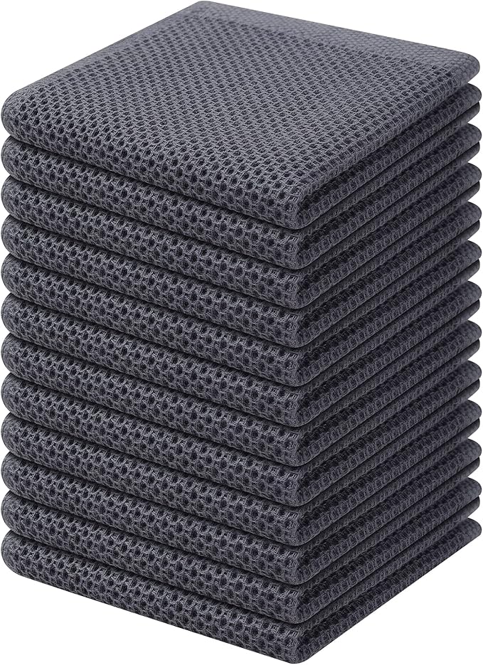 Kitinjoy 100% Cotton Kitchen Dish Cloths (12 X 12 Inches, Dark Grey), 12 Pack Waffle Weave Ultra Soft Absorbent Dish Towels for Drying Dishes Quick Drying Kitchen Towels Dish Rags