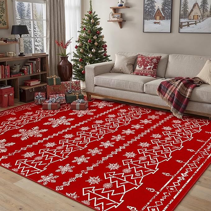 Christmas Area Rug 5x7 Red Washable Kitchen Carpet Xmas Snowflake Holiday Decor Indoor Throw Rug Decorative Living Room Non Slip Soft Low Pile Bedroom Dining Room Office Nursery Bathroom