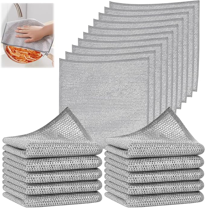 SINLAND Silver Mesh Dish Cloths Wire Dish Washing Rags Magic Cleaning Cloths Stainless Steel Metal Cloth for Dishes Sinks Counters Stove Tops Easy Rinsing 7.87x7.87 Inch 20 Pack