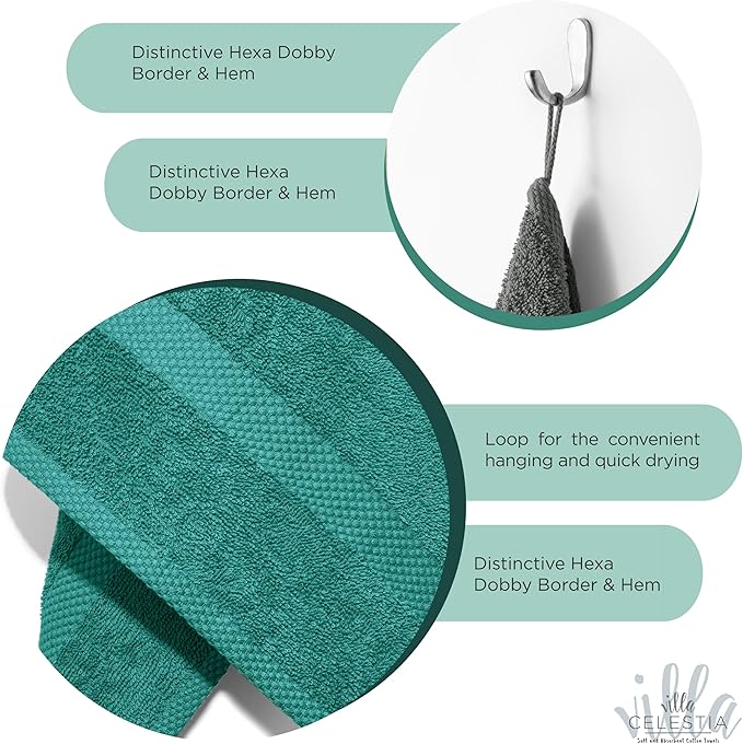 100% Cotton Bath Towel Set of 24-6 Bath Towels, 6 Hand Towels, 12 Wash Cloths, Sustainable, Soft, Highly Absorbent, Combed Cotton 24 Piece Set for Hotels, Spa, Bathroom, Dorm, Teal
