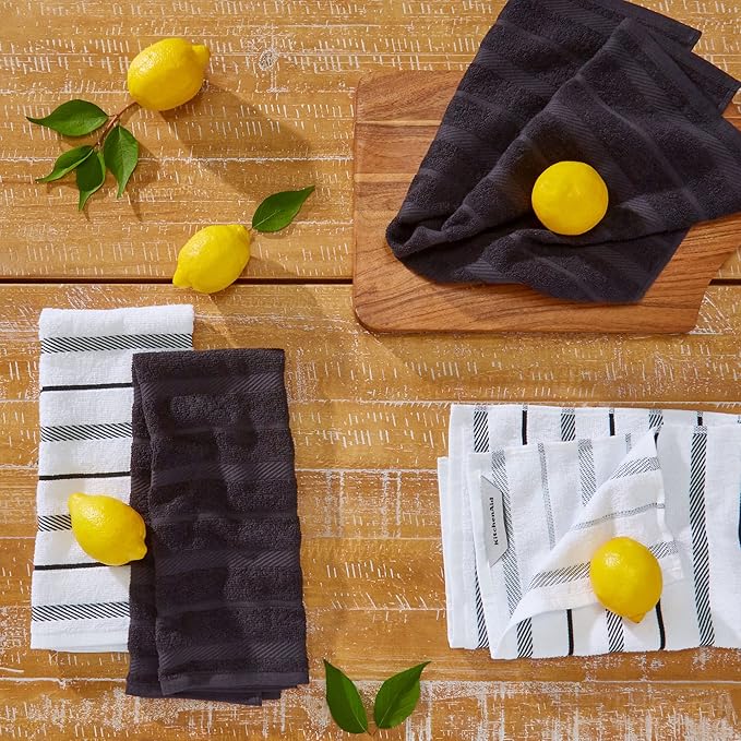 KitchenAid Albany Kitchen Towel 4-Pack Set, Matte Black/White, 16"x26"