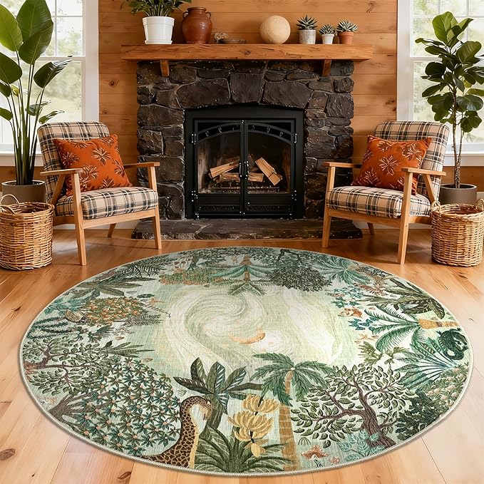 GarveeHome Round Area Rugs 6ft for Bedroom, Green Jungle Washable Circle Rug Soft Non Slip Forest Animal Print Floor Mat Tiger Carpet Indoor Thin Rug for Living Room Dining Room Playroom Nursery