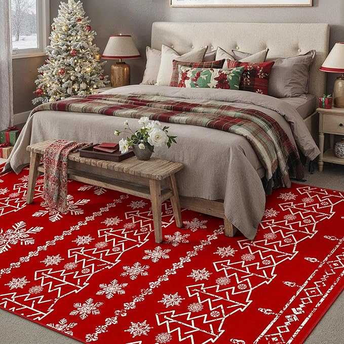 Christmas Area Rug 6x9 Red Washable Living Room Carpet Xmas Snowflake Holiday Decor Indoor Bedroom Throw Rug Decorative Non Slip Soft Low Pile Large Carpet Dining Room Office Nursery