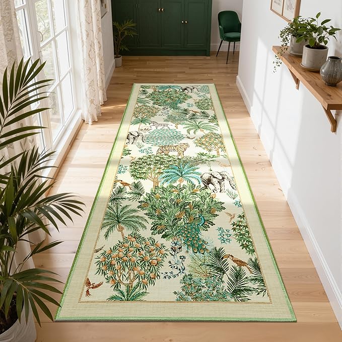 GarveeHome Jungle Rug 2x6 Kitchen Runner Rug Non Slip Washable Runners for Hallways, Animal Print Runner Rugs with Rubber Backing Soft Low-Pile Forest Long Carpet for Bedroom Entryway Laundry, Beige