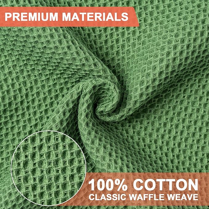 BOOMIBOO 4-Pack Dish Towels, 100% Cotton Waffle Weave, Ultra Soft Absorbent, Grass Green, 13x28 Inches
