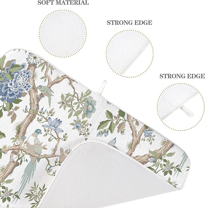 Chinoiserie Dish Drying Mat 18x24 Inches For Kitchen Counter Blue Green Birds Floral Kitchen Decoration Drying Mat Decorative Flower Drying Pad for Kitchen Dining Room Decor