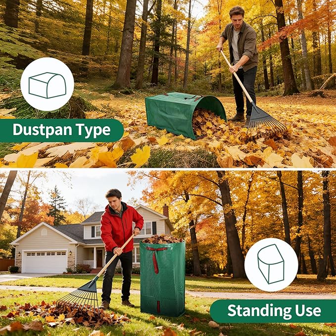 Leaf Bags, Foldable Leaf Collector with Handles, 40 Gallon Reusable Yard Waste Bags, Large Yard Dustpan Type Garden Bag for Leaves, Grass and Debris, Bonus Gardening Gloves (2 Pack, 40 Gallon)