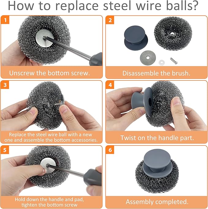 Stainless Steel Wool Scrubber with Rubber Handle & 2 Pads for Cleaning Dishes, Kitchen Pots, Pans, Grills (Grey)
