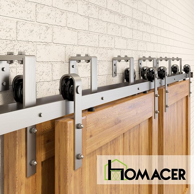 Homacer Brushed Nickel Double Track U-Shape Bypass Sliding Barn Door Hardware Kit, for Four Doors, 5.5ft Long Flat Track, Classic Design Roller
