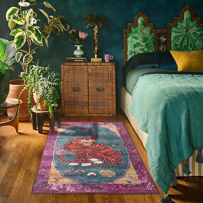 Tiger Rug Washable 4x6 ft Oriental Traditional Animal Print Vintage Purple-Green Floral Tibetan Rugs for Bedroom Kitchen Living Room Indoor Entryway