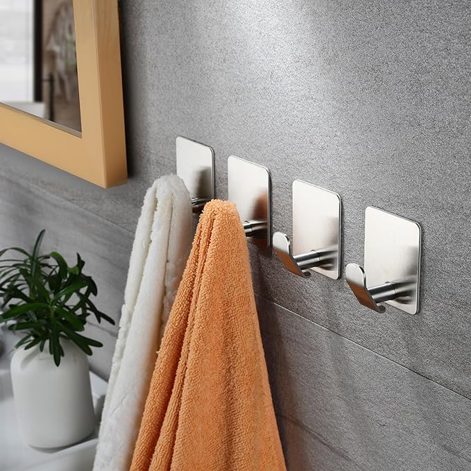 YIGII Adhesive Towel Hooks, Strong Stick on Bathroom Hooks for Robe and Coat, Stainless Steel Wall Hook for Kitchen and Bedroom, 4 Pack