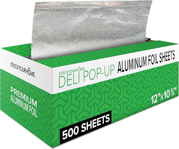 500 Count Pre-Cut Deli Aluminum Foil Sheets, 12” Heavy Duty Pop Up Sheets for Restaurant, Disposable Foil Sheets for Food, Tin Sheets for Burrito, Hot Dog or Sandwich, Stock Your Home